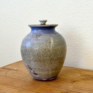 Studio Pottery Lidded Jar Blue Drip Glaze Stoneware Signed Handmade Ceramic